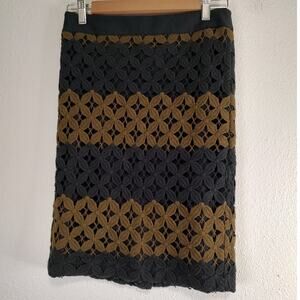 Loft Black Brown Striped Crochet Overlay Stretch Zip Back Pencil Skirt Size 0